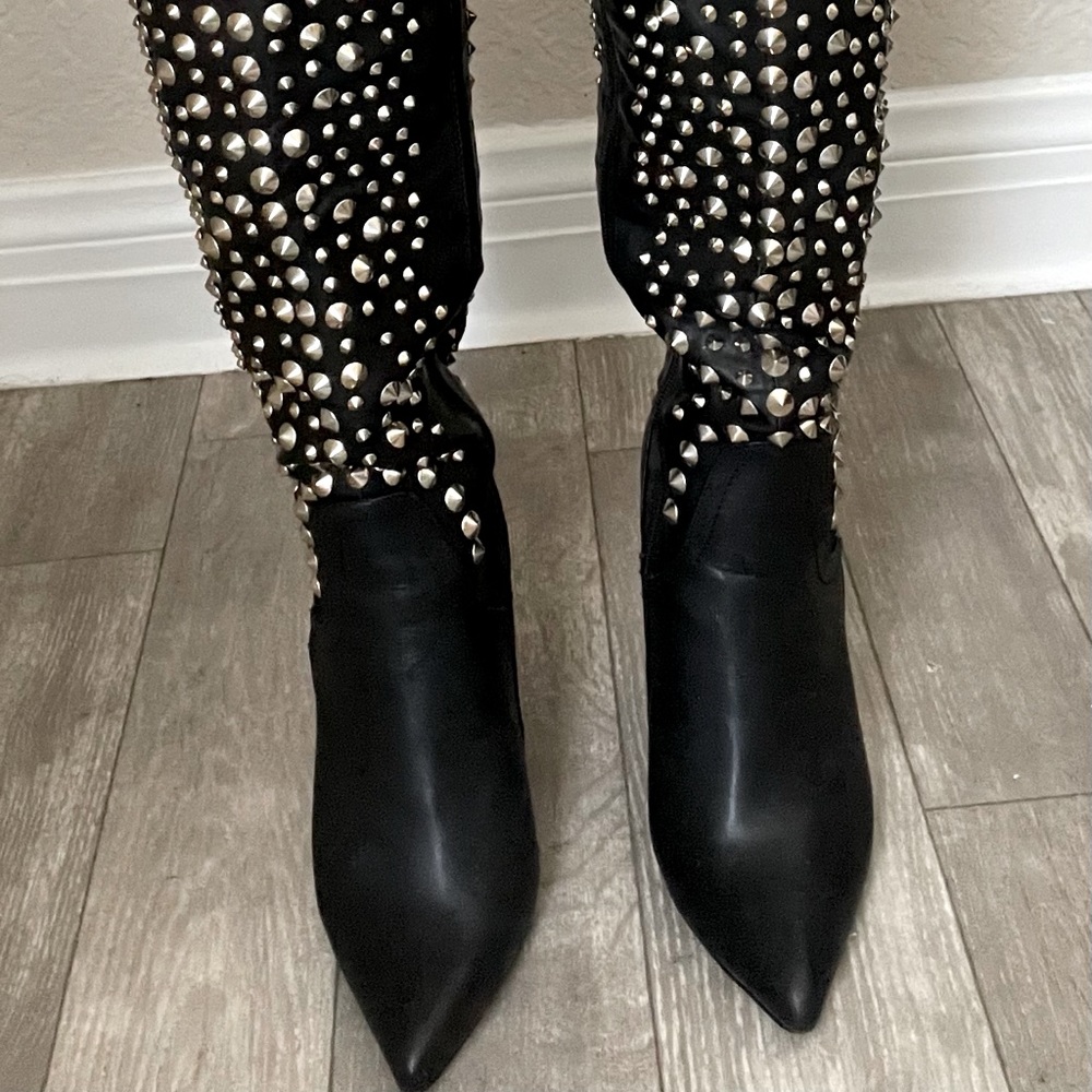 Black studded high heel boots